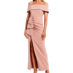 Xscape Off-the-Shoulder Ruched Side Bow Short Sleeve Scuba Crepe Slit Gown